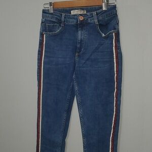 Zara Jeans Womens Size 6 Blue White Glittery Red Side Stripes Raw Cut July 4th